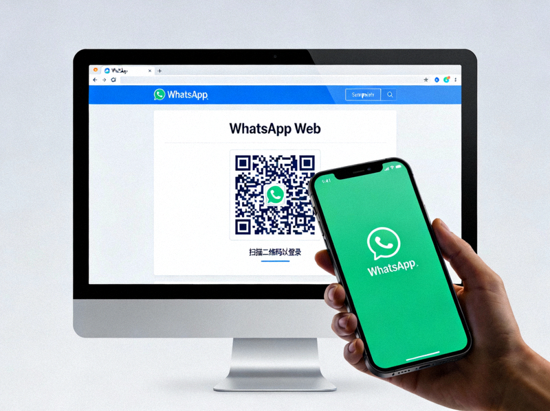 电脑屏幕上显示WhatsApp网页版界面与手机扫码登入示意图