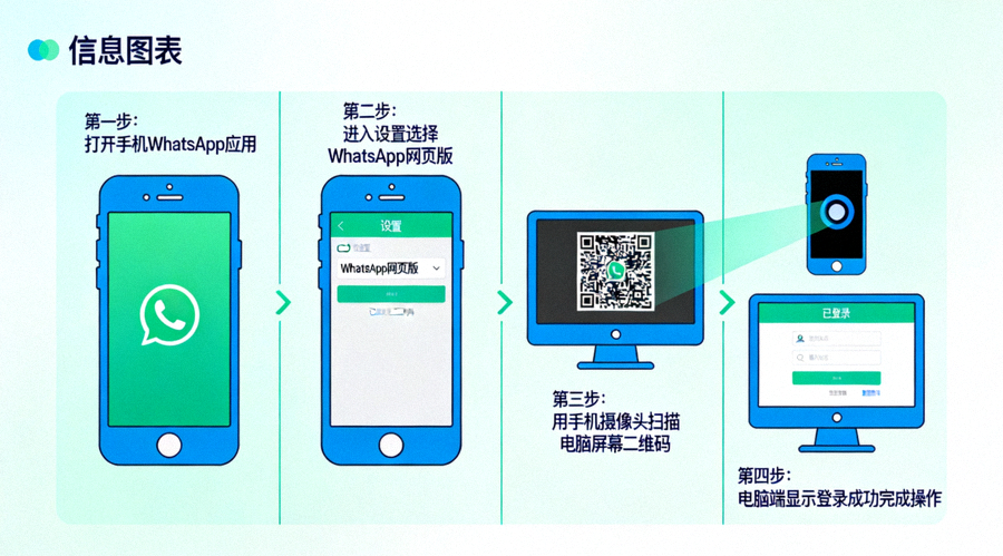 手机扫描电脑屏幕上WhatsApp网页版二维码的步骤演示图